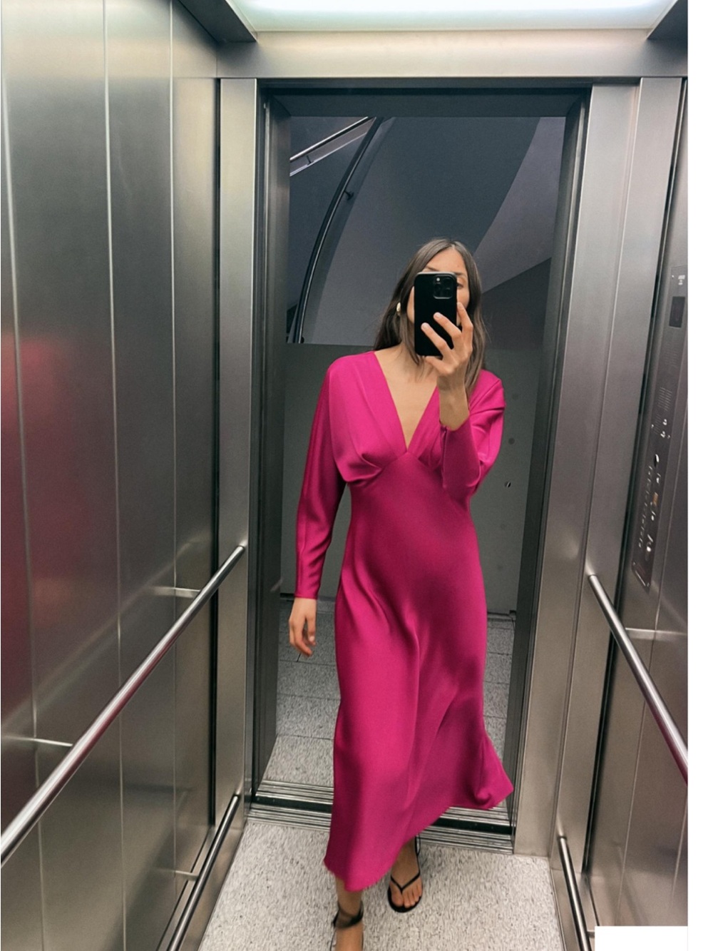 Zara Dress Elegant Women's Fuchsia V-Neck Long Sleeve Dress